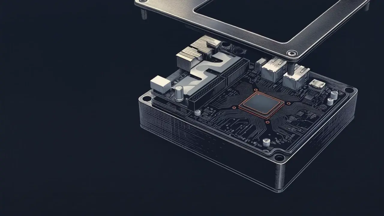 Illustrative computer assembly with its lid, circuit board and enclosure separated.