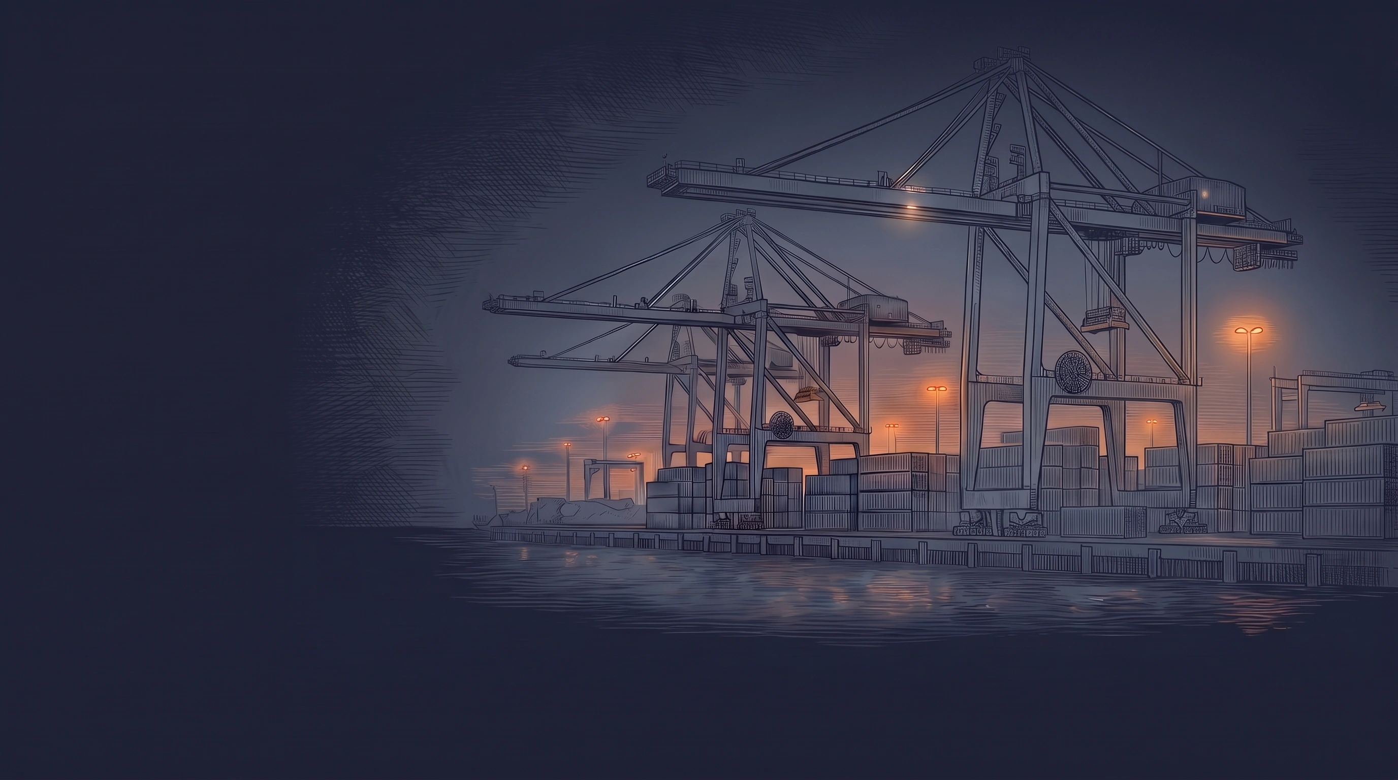 Engraved view of port cranes and container stacks.